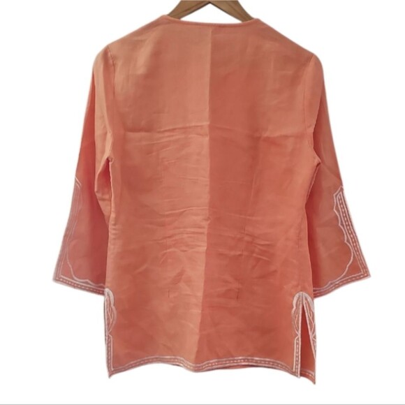 Sunny Leigh Linen Boho Embroidered Tunic Top Peach Sz M Kurta Style Resortwear - Picture 2 of 16